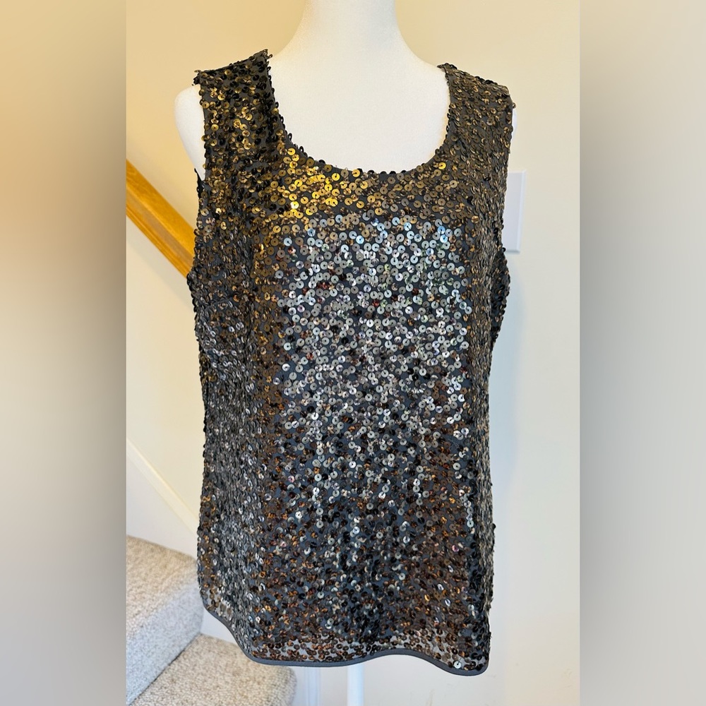 Coldwater Creek sequined, gray-bronze sleeveless top. Fully lined. Size 10-12.
